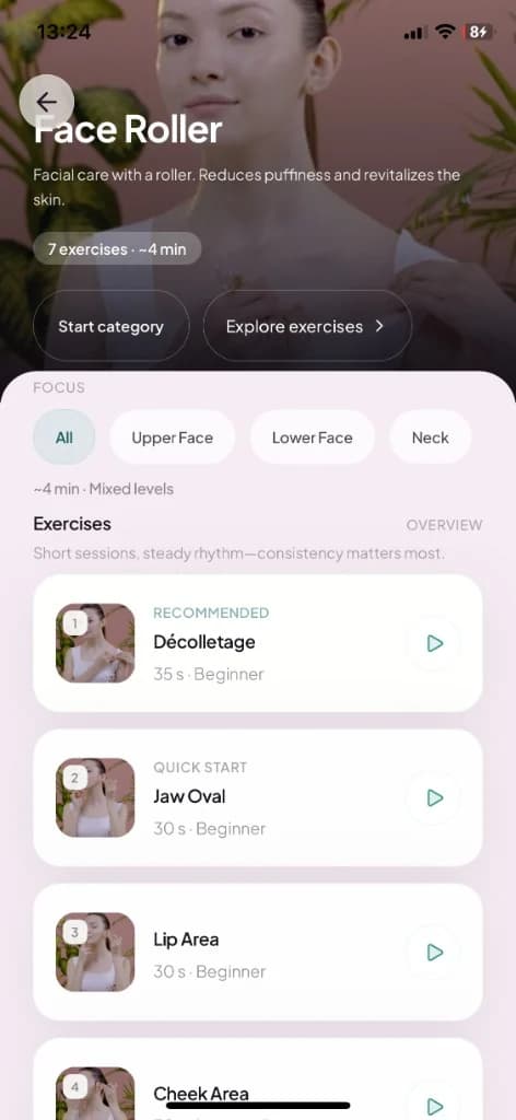 Morning glow and goal-based routine catalog in the Face Yo app