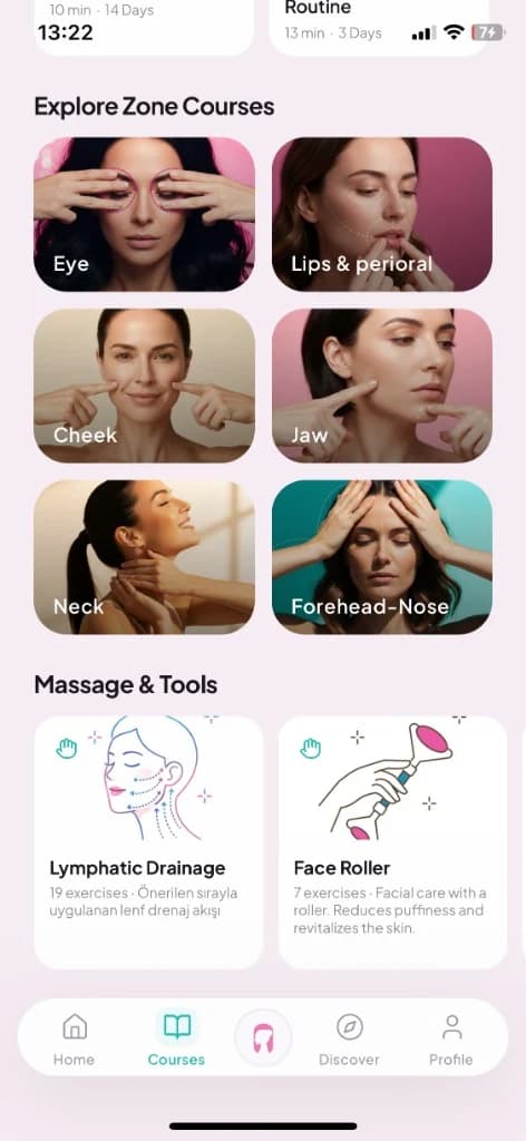 Guided warm-up exercise with video and quick notes in the Face Yo app