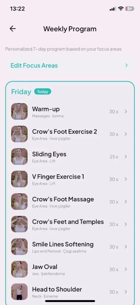 Personalized weekly program with daily guided exercises in Face Yo