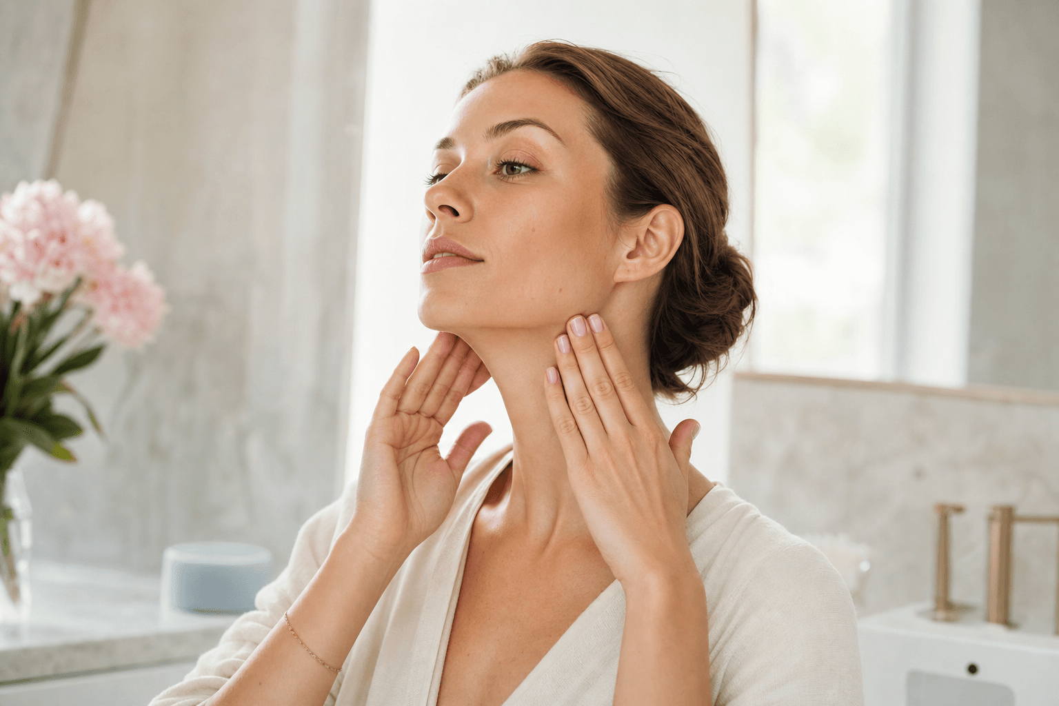 A calm face yoga self-care ritual in a premium wellness setting