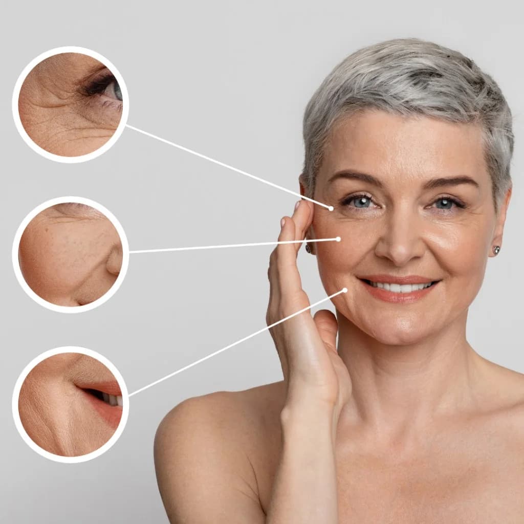 Mature woman smiling with diagram circles highlighting facial wrinkles, crow's feet and nasolabial folds for skin longevity awareness