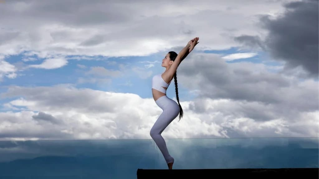 Woman stretching outdoors against a bright sky, representing holistic healthy aging habits