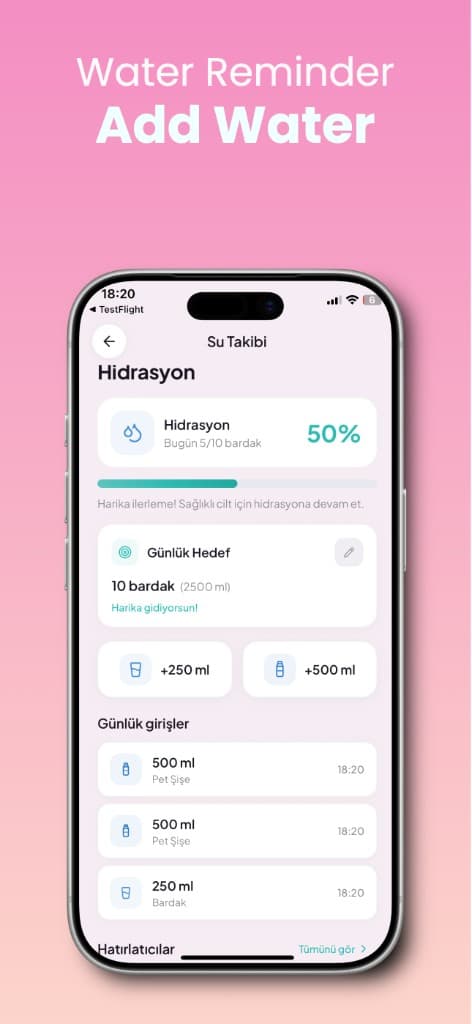 Water reminder and hydration tracking in the Face Yo app