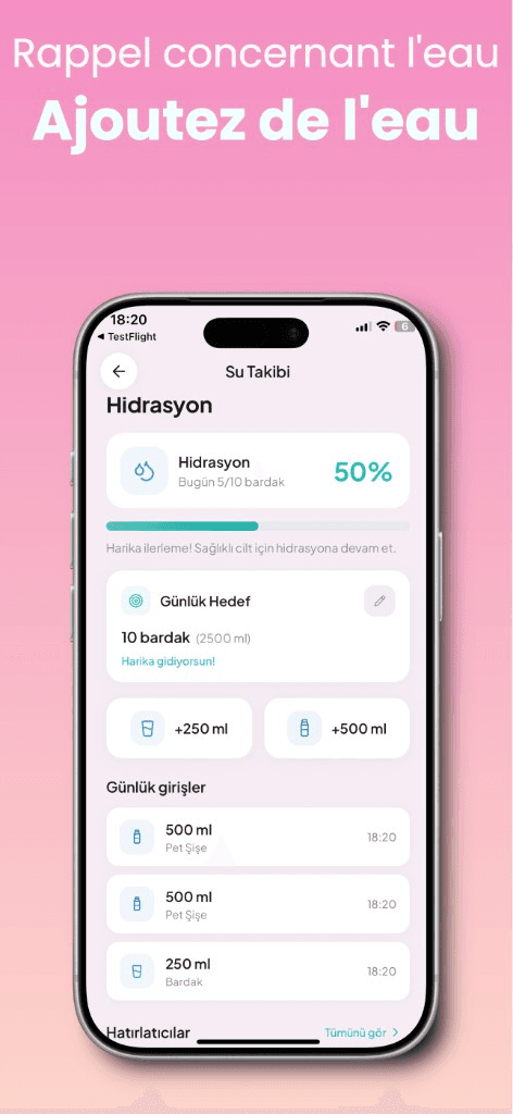 Rappel eau et suivi d'hydratation dans l'app Face Yo