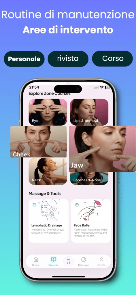 Corsi per zone e aree di intervento nell'app Face Yo