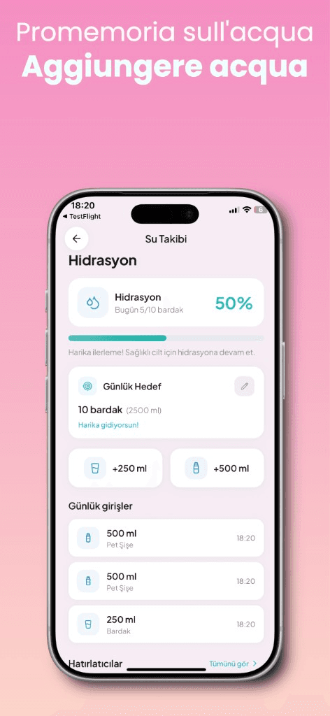 Promemoria acqua e monitoraggio idratazione nell'app Face Yo